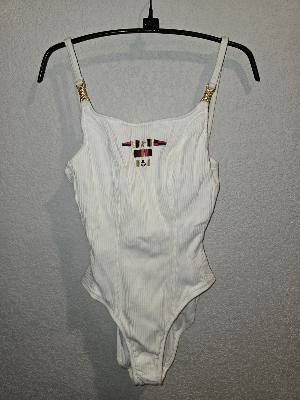 Vintage Sessa White Ribbed Nautical One Piece Swimsuit - Size 14 Made in USA